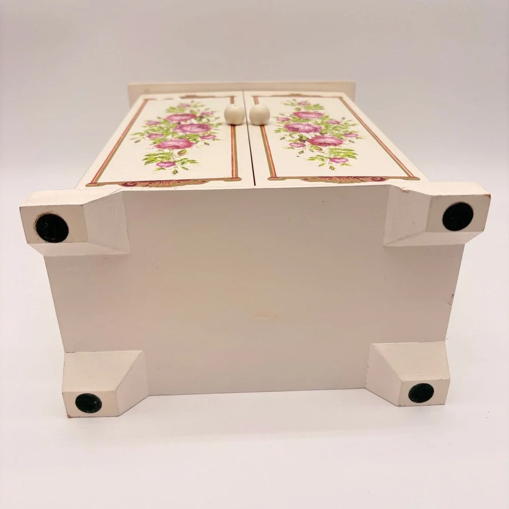 Vintage Shabby Chic White Floral Jewelry Armoire Rose Trinket Box Organizer
